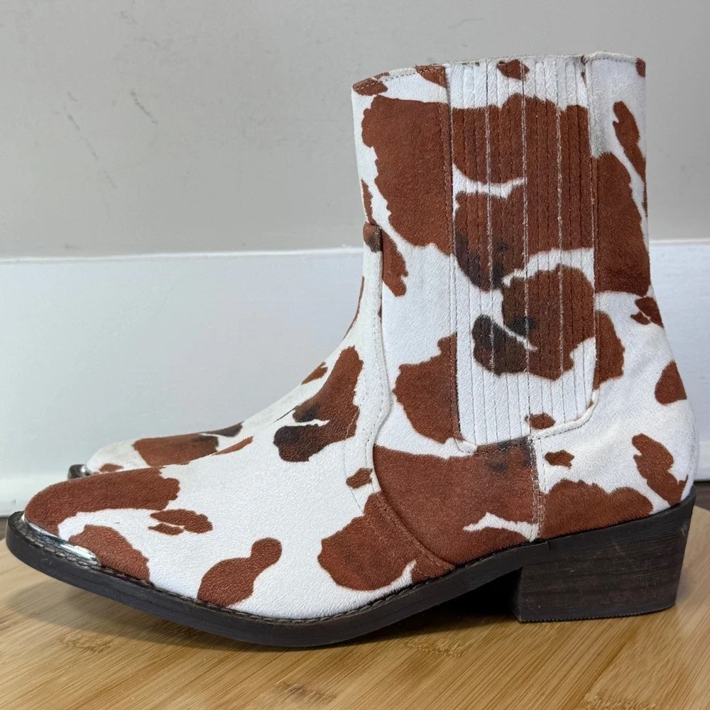 Good Arider Girl Cow Print Western Ankle Boots Women's 7 Brown White Zip Toe